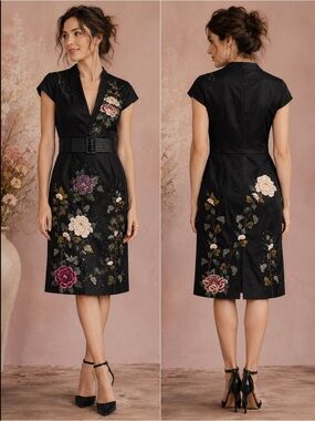 VINRS Black Embroidered Floral Silk Blend Sheath Dress Sequin Belted Medium 8-10